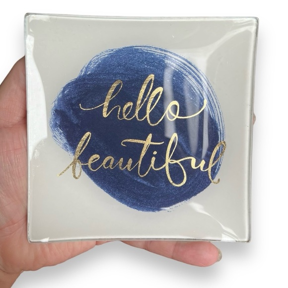 Fringe Studio “Hello Beautiful” Small Glass Trinket Dish Tray Blue & Gold Leaf - Picture 2 of 8
